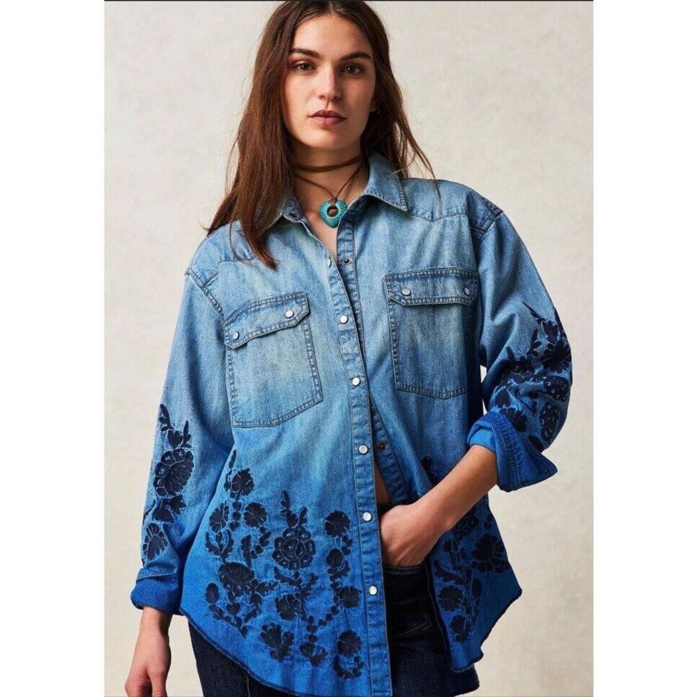 Free People Blue Ombre Denim Shirt with Black Floral Embroidery
